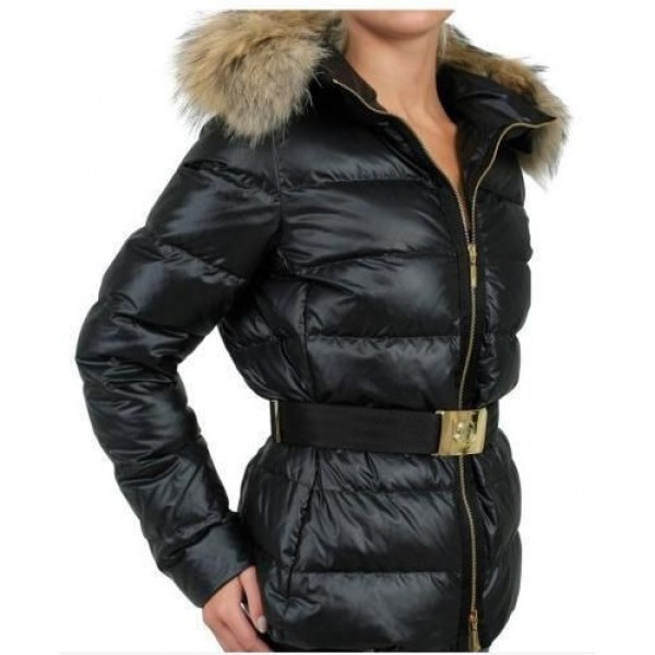 Moncler Moda Nero Pelliccia Golden Cap cinturino e Zipper Cappotti uscita